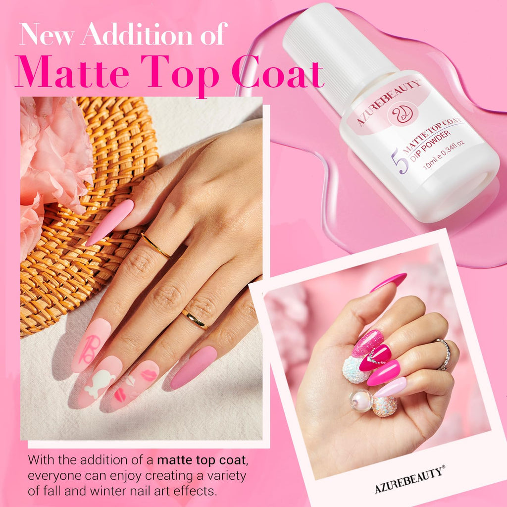 AZUREBEAUTY Dip Powder Nail Starter Kit with Matte Coat, 8 Hot Pink Glitter Neon Summer Color, Dipping Powder Liquid Set with Base/Top Coat/ Activator/10 Nail Sticks Salon at Home