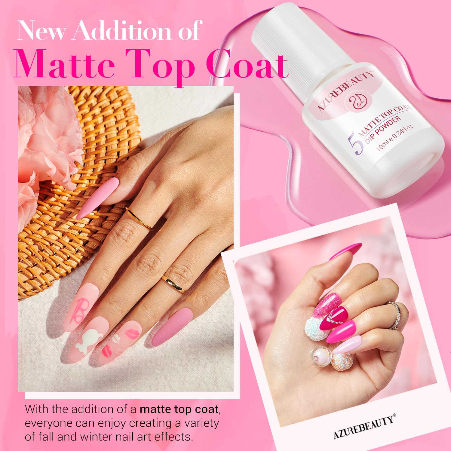 AZUREBEAUTY Dip Powder Nail Starter Kit with Matte Coat, 8 Hot Pink Glitter Neon Summer Color, Dipping Powder Liquid Set with Base/Top Coat/ Activator/10 Nail Sticks Salon at Home