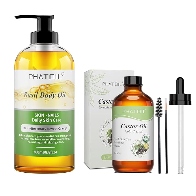 Basil Body Oil 8.8fl.oz and 4fl.oz Organic Cold Pressed Castor Oil