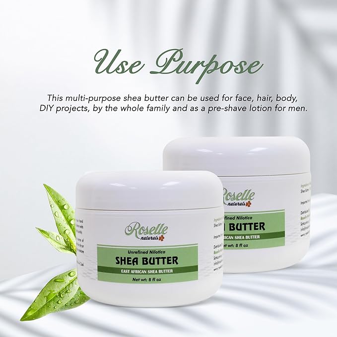 Roselle Naturals African Shea Butter - All Natural Nilotica Shea Butter Raw Organic, Unrefined Pure and Creamy White Shea Nilotica for Skin, Face, Hair and Body, 8 oz