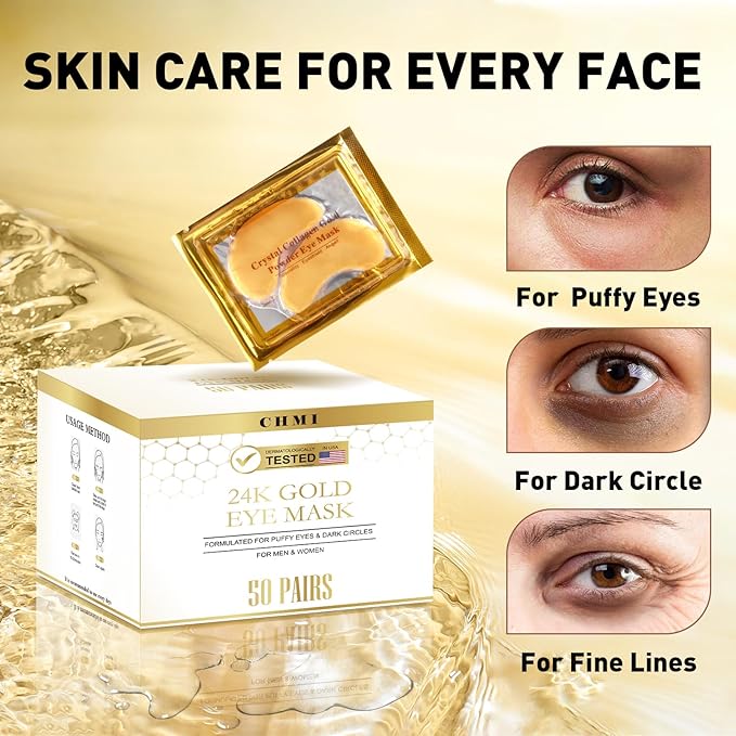 CHMI Under Eye Patches (50 Pairs) - 24K Gold Eye Patches for Puffy Eyes, Dark Circles, EyeBags and Wrinkles, Collagen Skin Care Products, Beauty & Personal Care