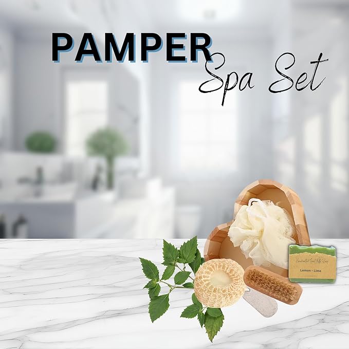 Bath Sets for Women Gift Bath Sponge, Feet Scrubber, Body Brush, Goat Milk Soap Lemon Lime - Perfect Gifts for Women & Mom, Bath Spa Gifts in Heart-Shaped Box, Skin Care Set