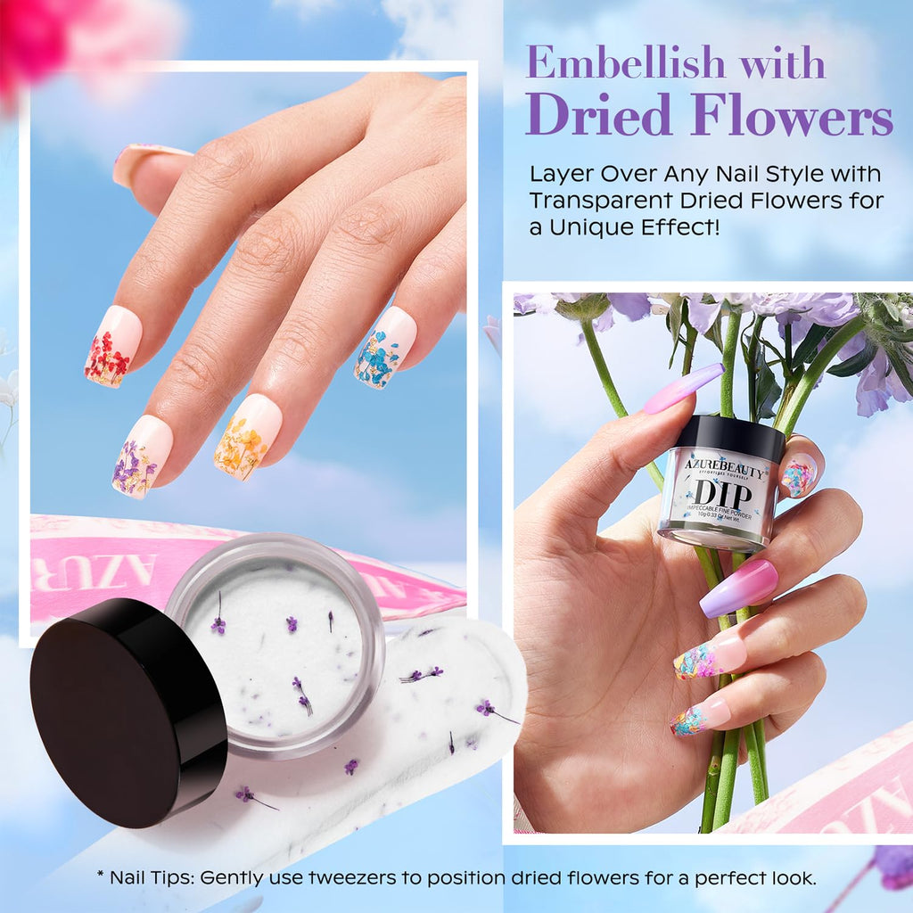 AZUREBEAUTY Dip Powder Nail Transparent Crystal Dried Flower Set, Blue Green Purple Pink Yellow 6 Colors Natural Real Clear Dipping Powder Starter Kit Nail Art Manicure Salon, No Need Nail Lamp Cured