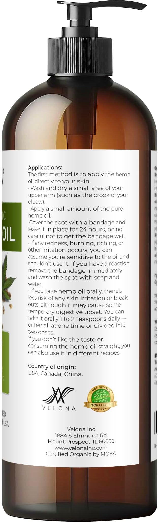 velona Hemp Seed Oil USDA Certified Organic - 16 Fl Oz | 100% Pure and Natural Carrier Oil | Unrefined, Cold Pressed | Hair, Body, Face & Skin Care