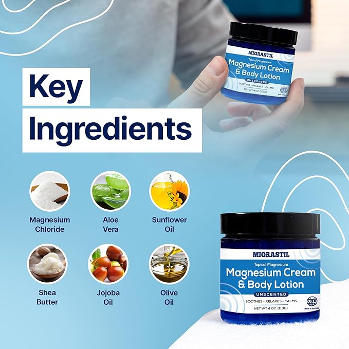 Topical Magnesium Cream & Body Lotion 4oz. - Promotes Sleep and Soothing Relief for Sore Muscles, Leg Cramps, Etc. Made in The USA.