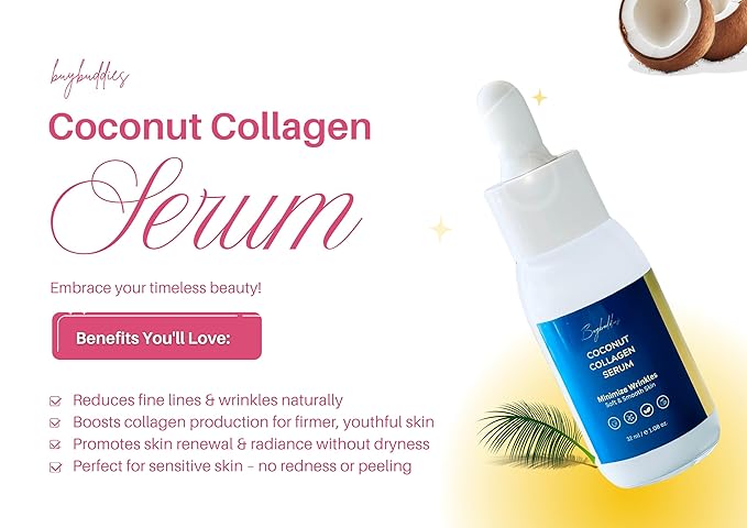 Coconut Collagen Serum For Face with Vitamin C - Anti Aging, Discoloration Correcting & Hydrating Serums - Hyaluronic Acid, Niacinamide & Bakuchiol - Vegan Dark Spot Remover - 1.08 Oz.