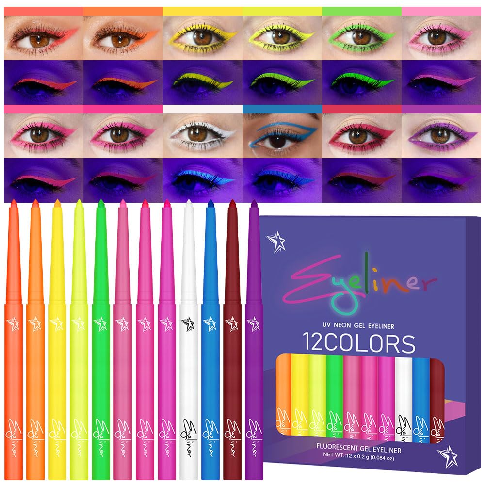 evpct 12 Colors UV Neon Gel Eyeliner Pencil Makeup Set Kit, Rainbow Halloween Colored Colorful Gel Eyeliners Pen Glow in Dark, Waterproof Long Lasting for Painting Delineador de ojos líquido de neón