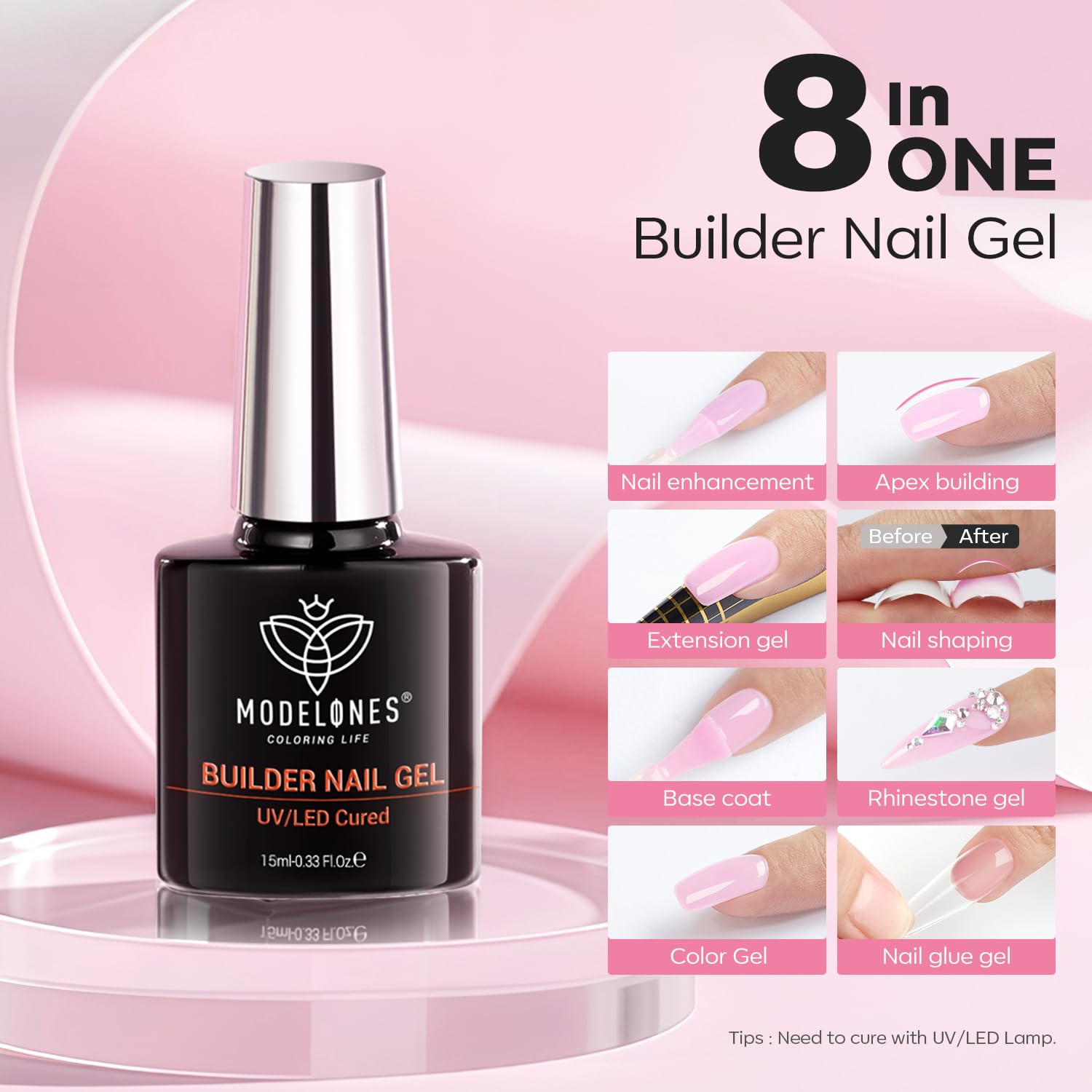modelones Builder Nail Gel, 8-in-One Baby Pink Builder, Pastel Pink Rubber Base Gel Polish, LED Lamp Cured Color Base Hardener Apex Building Strengthener Extension for DIY Salon Girls Home