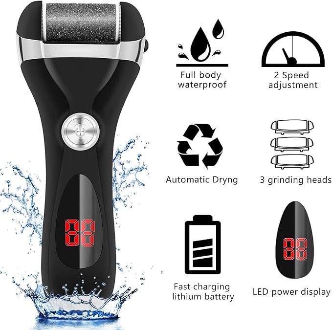 Electric Foot Callus Remover Kit, Elmchee Rechargeable Pedicure Tools Foot Care Feet File with 3 Roller Heads,2 Speed,Battery Display for Remove Cracked Heels Calluses and Dead Skin(Black)