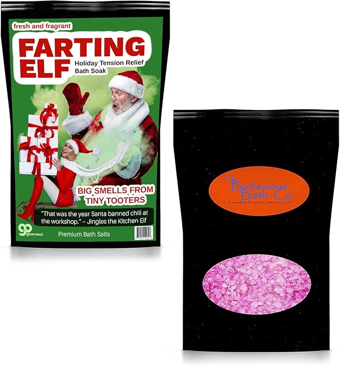 Farting Elf Bath Salts Soak - Holiday Stress Relief Gag Gift for Adults - Funny Christmas Gifts for Friends - Fresh and Fragrant White Elephant Stocking Stuffer, Pink Rose