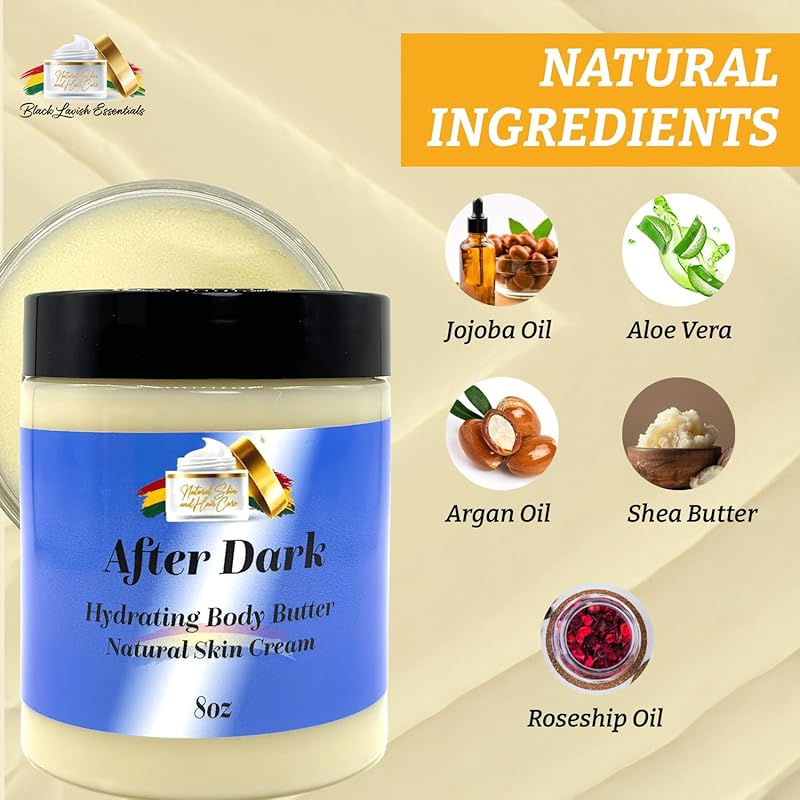 Ultra-Soft Shea Body Butter, Dry Skin Cream for Radiant Moisturized Skin, Natural Hydrating Body Lotion with Aloe Vera, Argan Oil, Rosehip Oil, (Men's After Dark, 8oz)