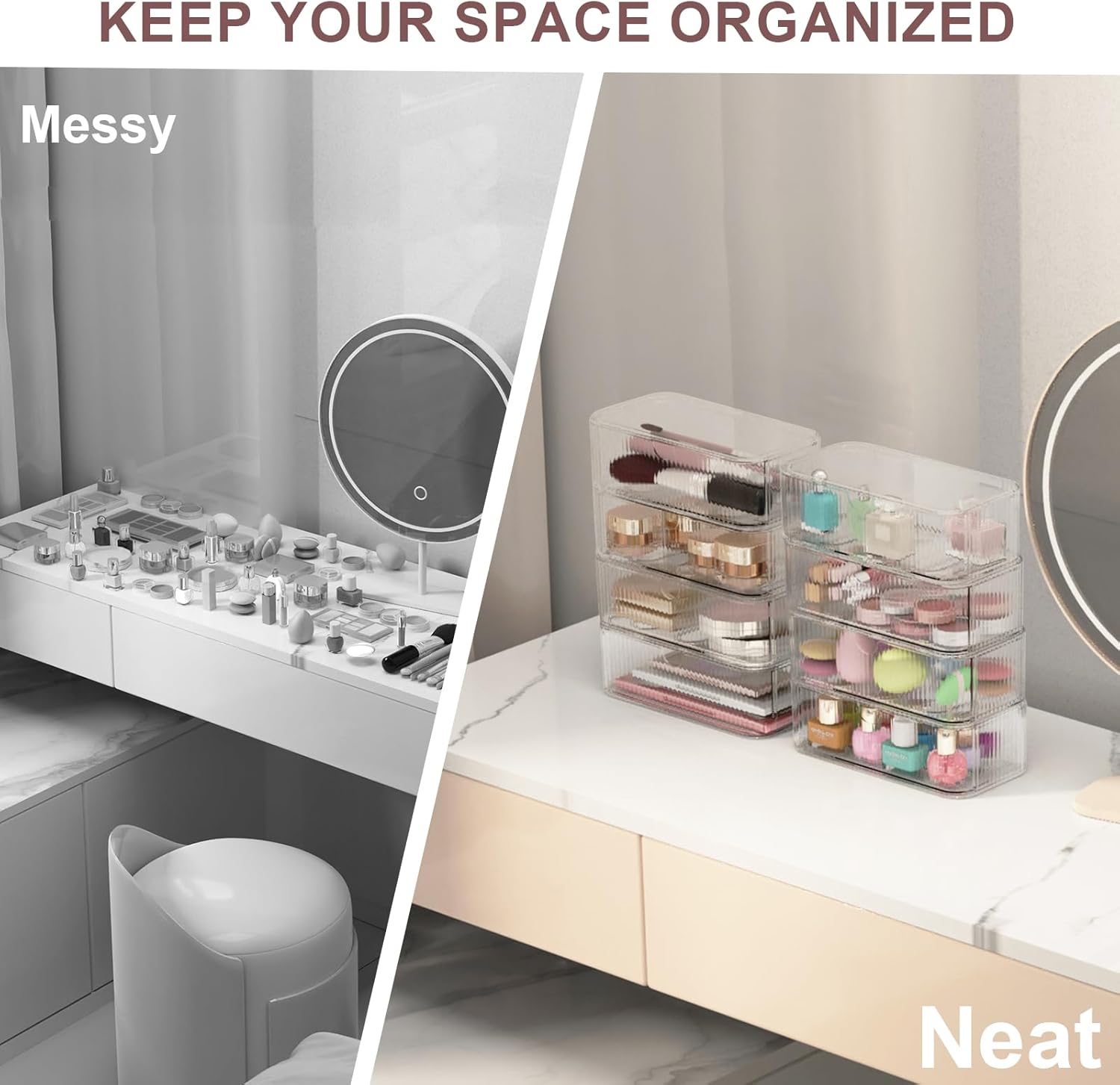 8-Pack Clear Stackable Storage Drawers with 16 Non-Slip Silicone Feet, Multi-Purpose Cosmetic & Home Organizers for Vanity, Office, Bathroom, Pantry, Easy-Pull Transparent Acrylic Storage Bins