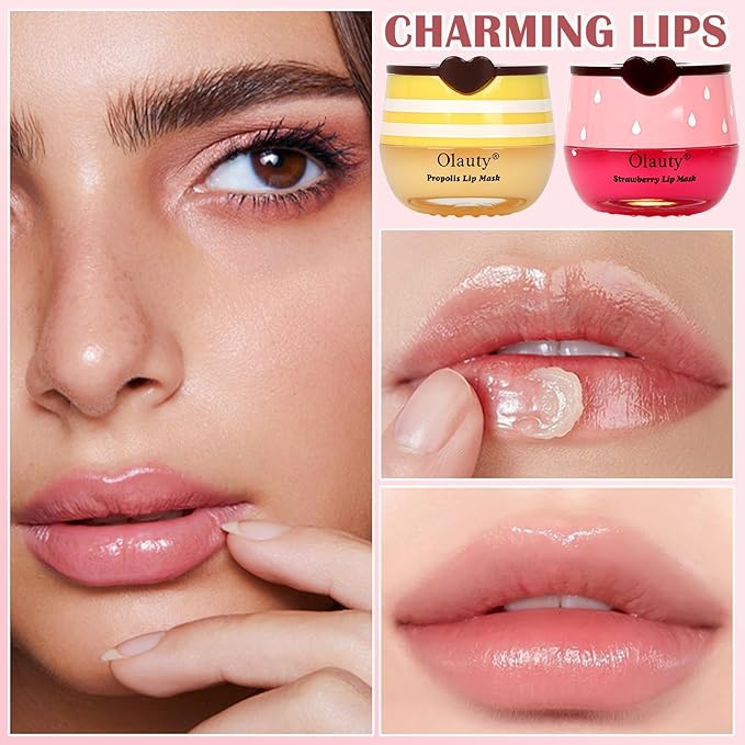 Sulily 3 Pcs Bee Balm Lip Balm Honey Pot,Honey&Strawberry&Watermelon Lip Sleeping Mask Hydrating Prevention Dry and Cracked Lip Scrubs Exfoliator Lip Care,Lip Mask Overnight Reduces Lip Lines