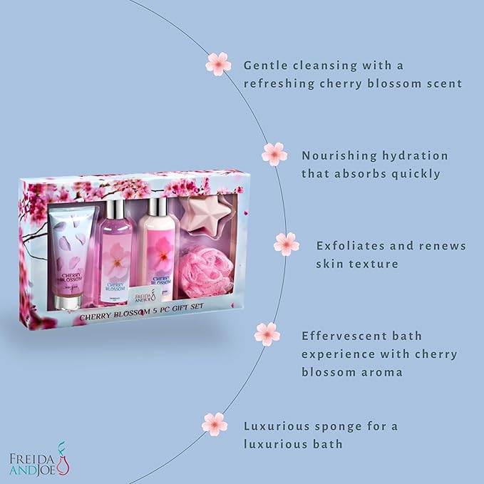 Freida & Joe Fragrance Bath & Body Collection Gift Box, Includes Shower Gel, Body Lotion, Body Scrub, Bath Bomb & Sponge (Blue Cherry Blossom)