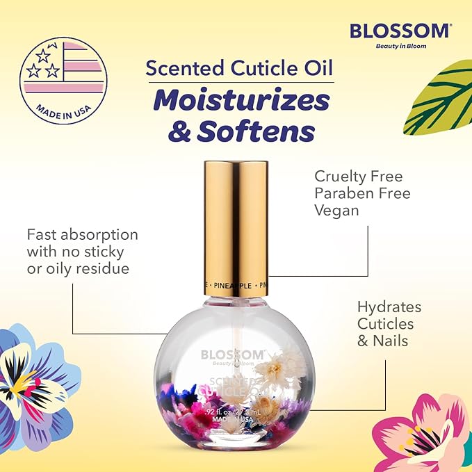 Blossom Cuticle Oil for Nails, Hydrating, Moisturizing, Scented Nail Oil Cuticle Care, Infused with Real Flowers, Made in USA, 0.92 fl. oz, Pineapple