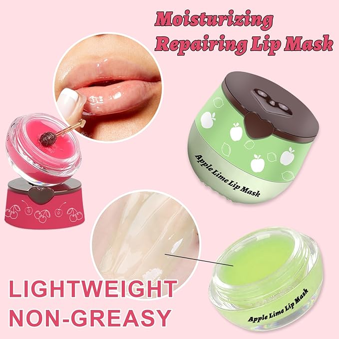 4 PCS Bee Lip Balm Lip Mask Honey Pot Lip Mask & Lip Scrub Set, Watermelon & Cherry & Coconut & Apple Lime Lip Mask Propolis Moisturizing Lip, Hydrating Prevention Dry and Cracked