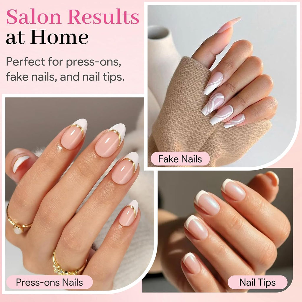 No-Lamp Nail Glue & Remover Set for Press Ons, 10ml Quick Dry 28 Days Super Strong Hold Glue on Nails, 10g Gentle Easy Removal with Tools Set for Beginner DIY Home, Not for Gel Polish Base Coat