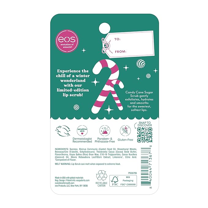 eos Holiday Lip Scrub Exfoliator- Candy Cane Sugar Scrub, Limited-Edition Moisturizing Lip Treatment, Stocking Stuffers, 0.56 oz