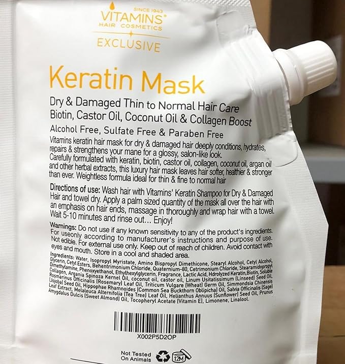 VITAMINS hair cosmetics Keratin Hair Mask Deep Conditioner - Biotin Collagen Protein & Castor Oil Repair for Dry Damaged Hair - Conditioning Treatment for Curly or Straight Thin Fine Locks