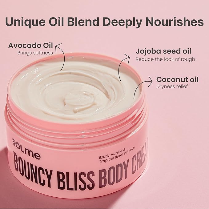Bouncy Bliss Body Cream Creamy Velvet Vanilla & Sun-Kissed Peach, Deep Hydration for Smooth & Radiant with Coconut & Jojoba Oil, Collagen & Avocado Extract, K-BEAUTY, 6.76 fl. oz.