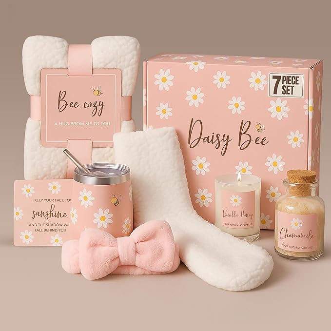 DaisyBee(7PC) Birthday Gift Hamper for Women, Get Well Soon Gift Set, Self Care Gifts for Girls with Cozy Blanket, Bow Headband, Aroma Candle, Tumbler, Mothers Day Gifts, Relaxation Care Package Set