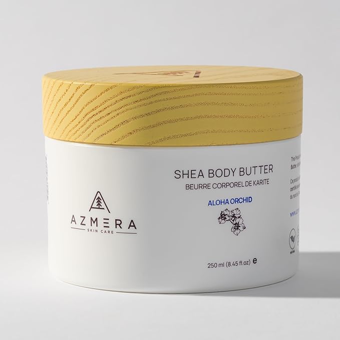 AZMERA Shea Body Butter - Organic Body Butter for Women & Men Dry Skin Rich in Antioxidants & Vitamin E - Vegan Shea Butter Moisturizer, Raw Shea Butter from Africa (Aloha Orchid, 250ml)