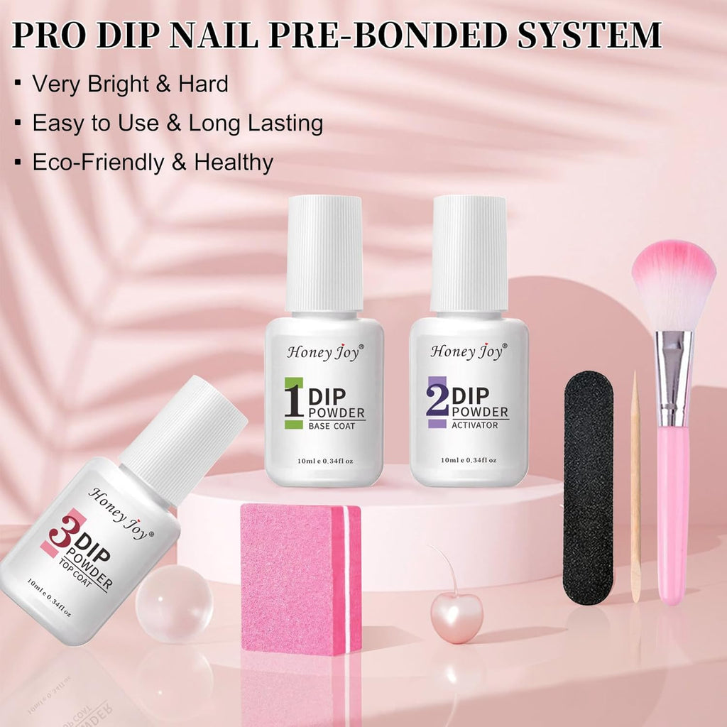 Honey Joy Dip Powder Nail Kit Starter, 4 Colors Pink Glitter Fine Dipping Powder Nude Color Kit with Base Top Coat Activator for Nail Art Manicure Salon DIY No LED Nail Lamp Needed, Dip-7pcs-No.17