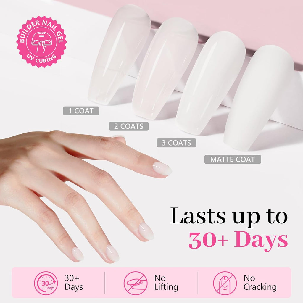Builder Nail Gel, Milky White Builder for Nails Strengthener, 8-in-One Apex Enhancement Extension Hard Building Color Gel LED Lamp Cured Rubber Base Coat for DIY Beginners & Salon Manicure 16ML