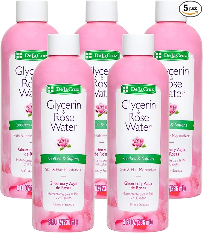 De La Cruz Rose Water and Glycerin for Face - Rosewater Facial Toner and Moisturizer for Skin and Hair 8 fl oz (236 mL) - 5 Bottles