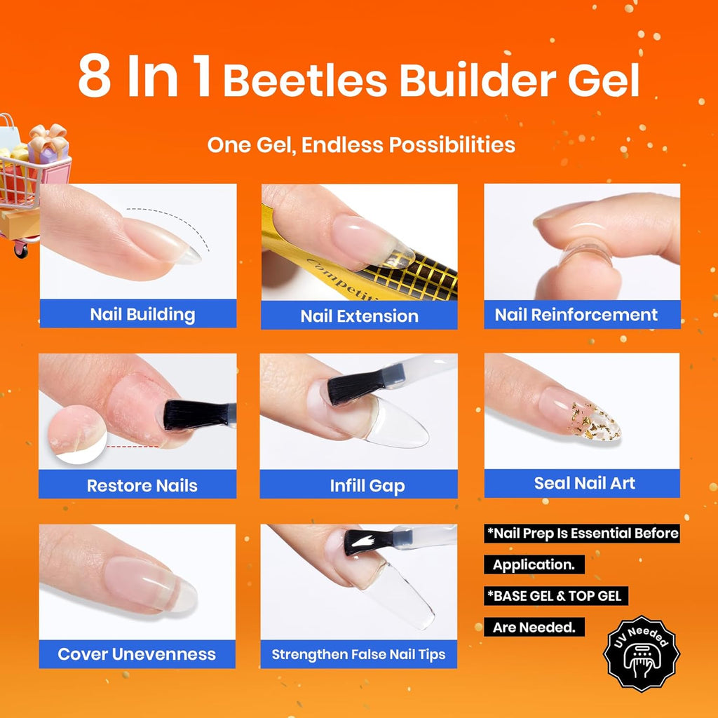 Beetles Builder Gel for Nails, 2 Pcs 0.51 oz 8 in 1 Clear Builder Nail Gel Set for Nail Apex Extension LED Lamp Cured Strengthening Nails for Beginners & DIY Fall Nails Salon Manicurist Women