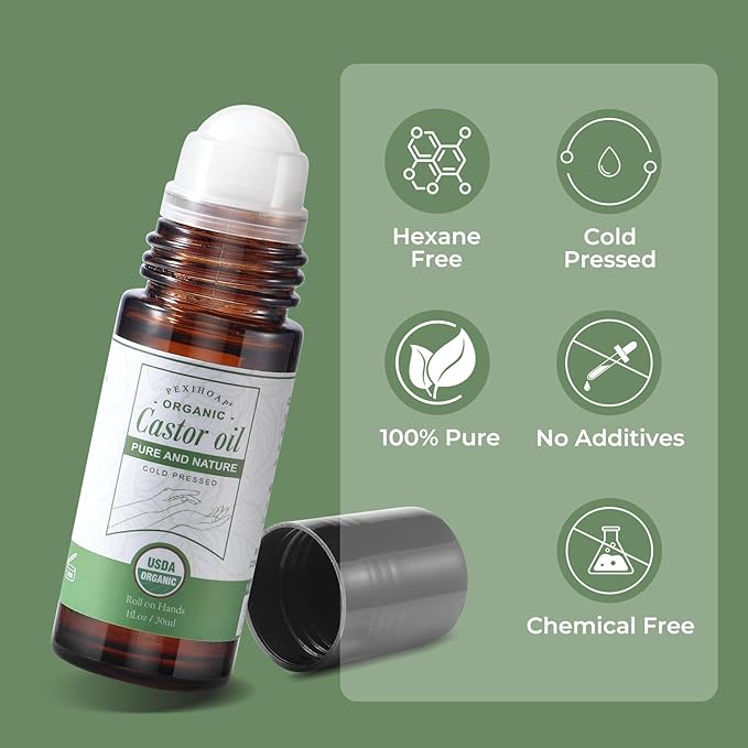 Castor Oil Roll on for Waist Belly Body Skin, Certified Organic Pure Cold Pressed Body Castor Oil Roller Stick Glass Bottle - 1fl.oz