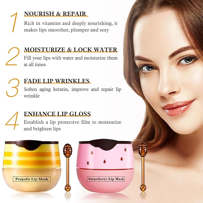 4 PCS Honey Lip Balm Pot, Strawberry & Honey Lip Mask, Reduces Lines, Hydrate & Moisturizing Skin Care, Prevention Dry Cracked Lips Repair Treatment