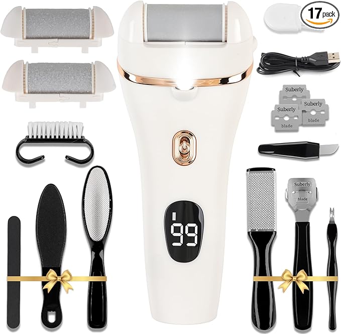 Electric Callus Remover for Feet, 17-in-1 Professional Pedicure Kit, Foot Scrubber Electric Foot File for Hard Cracked Dry Dead Skin, 3 Rollers, 2 Speed, Battery Display