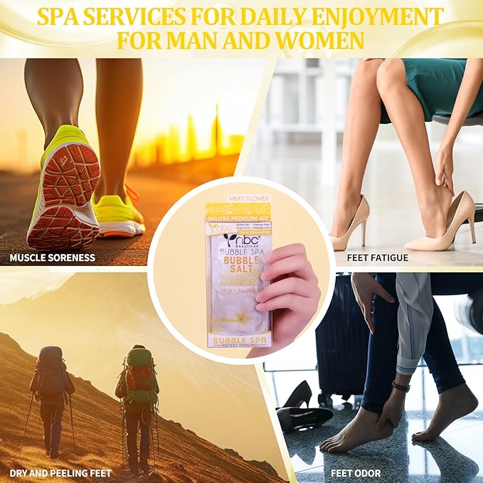 Pedicure Kit Foot Soak Set: Bubble Salt, Sugar Scrub, Massage Mask, Massage Lotion in a Box, 4 Step Foot Spa Kit for Dry Feet, Calluses and Tired Feet(1 Set Milky Flower)