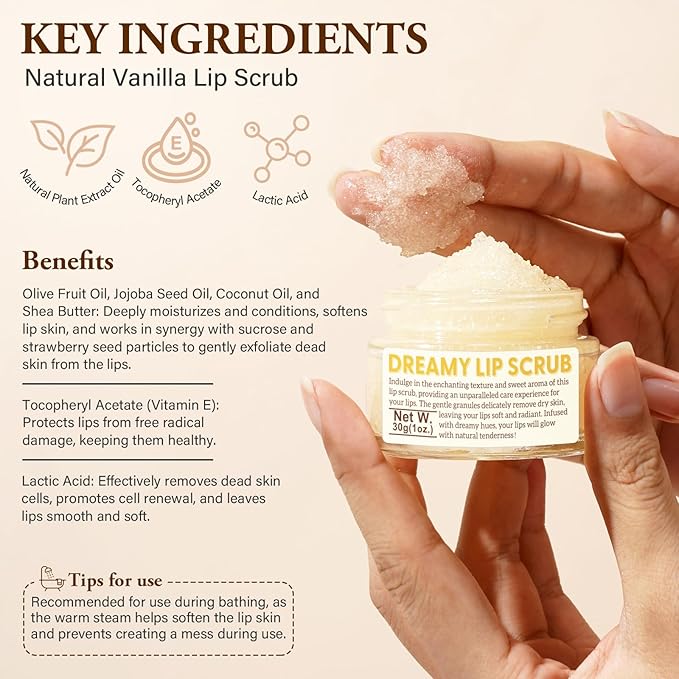 Vanilla Lip Scrub - Natural Sugar Exfoliator for Chapped Lips - 1.05 oz - Nourishing, Smooth & Soft Conditioning