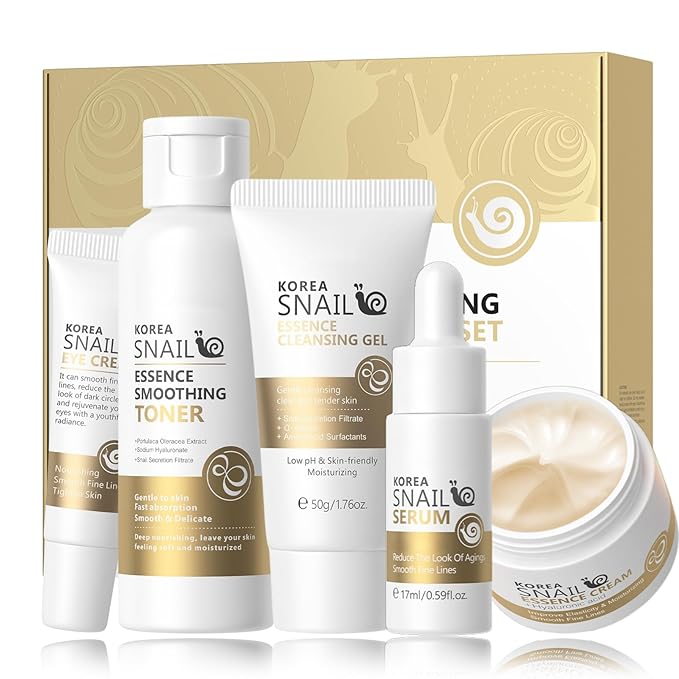 Korean Skin Care Set Snail Women Gifts - Skin Care Kit Moisturizing - 5PCS Skincare Set - Firming Skincare Gift Set - Travel Essentials - with Cleansing Gel, Toner, Serum, Eye Cream, Essence Cream