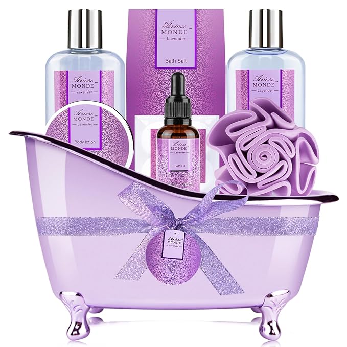 Bath Spa Basket Gift Set, Bath & Body Gift Set for Women, Lavender Scent, Includes Body Lotion, Shower Gel, Bath Salts, Bubble Bath, Bath Fizzers, Bath Oil, Birthday Bath Set Gift Idea