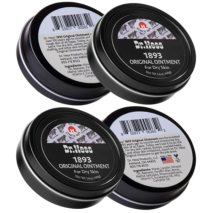 Dr. Hess' 1893 Original Udder Ointment, All-Purpose Nourishing Body Moisturizer for Healing Dry, Irritated Skin, Cracked Heels, Rashes, Chafing with Lanolin, Beeswax, & Eucalyptus Oil, 1.4 oz 4 Pack