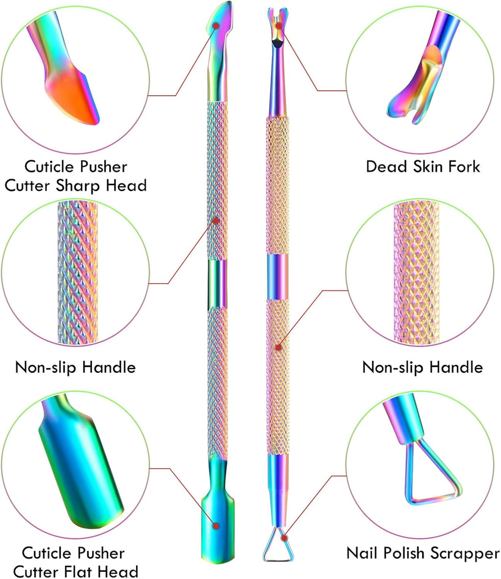 2PCS Cuticle Pusher and Cutter Remover, Xunxmas Salon Nail Scraper for Gel Polish, Stainless Steel Manicure and Pedicure Cleaner Tool for Fingernail and Toenail (Colorful)