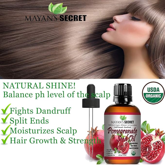 Mayan's Secret USDA Certified Organic Pomegranate Seed Oil for Skin Repair -Large 4oz Glass Bottle Cold Pressed and Pure Rejuvenating Oil for Skin, Hair and Nails