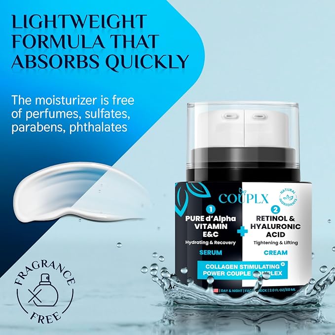 2-Pack 2-in-1 Collagen Booster, Retinol & Hyaluronic Acid Cream & Serum, Anti-Aging, Lifting Skin-Tightening Moisturizer for Men & Women, Neck and Décolleté, Made in USA Daily Moisturizer Face Cream