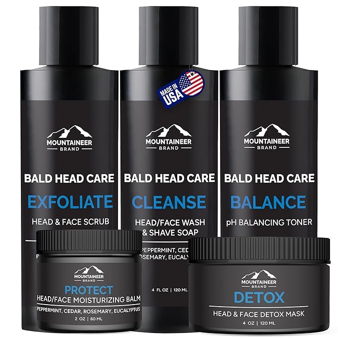 Mountaineer Brand Ultimate Bald Head Care Gifts Bundle For Men | All Natural 5 Step Skin Care for Healthy Scalp & Face | Exfoliate Scrub | Cleanse Wash | Shine Away | Moisturizing Balm | Detox