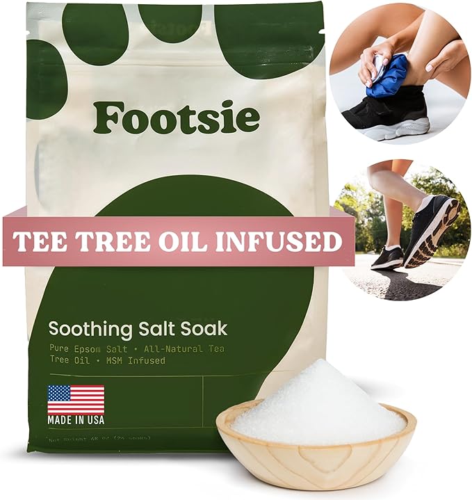 Footsie Soothing Tea Tree Oil Epsom Salt Soak - for Calluses, Aches & Pain, Athlete's Foot - Made in USA - Soothes Cracked Heels, Flaky Skin - 100% Organic, Pedicure Spa Salt - 48 Ounces