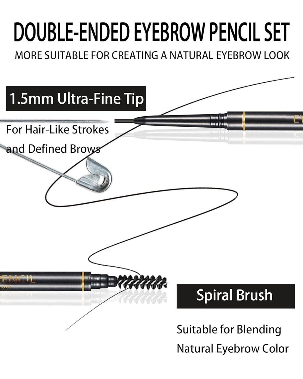 Black Eyebrow Pencils for Women, 12Pcs Ultra Slim Eyebrow Pencil with 2 Brow Razors Kit, Double Head 1.5mm Micro-Fine Tip & Spiral Brush, Can Draw Fine and Long-Lasting Brows Makeup