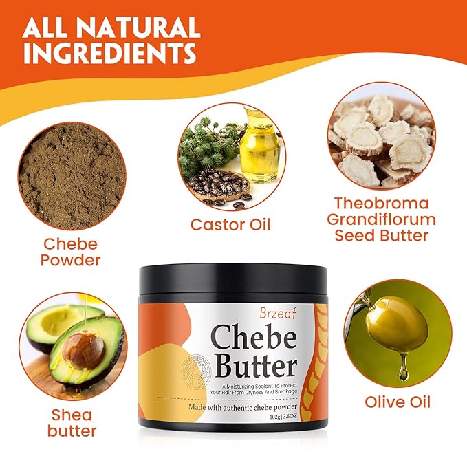 Brzeaf Vegan Chebe Butter for Hair Growth With Rosemary Oil 3.6 Oz [All-Natural Ingredients, Moisturizing, Thickening, for All Hair Types, Deep Conditioning]