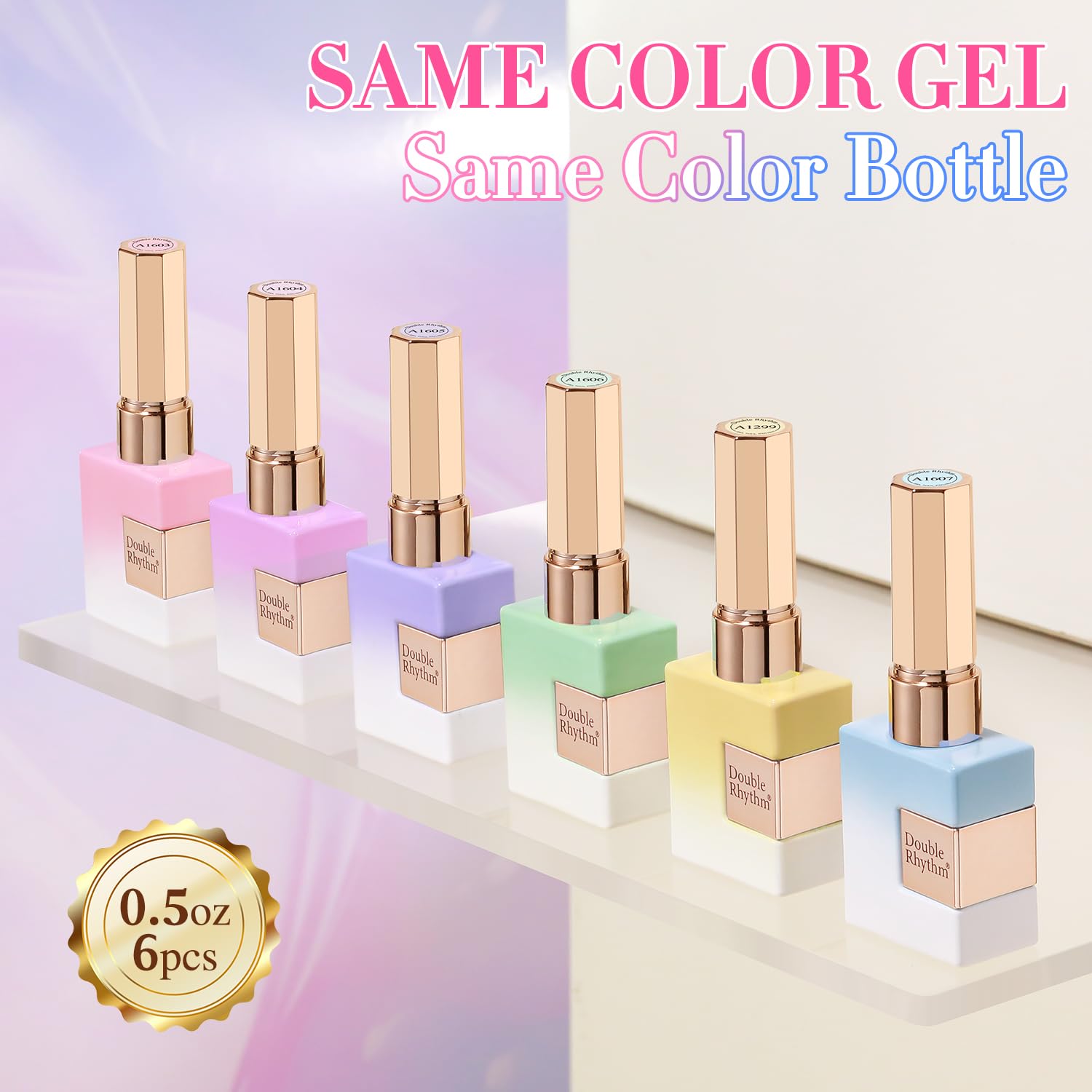 Double Rhythm 6 Pcs 15 ML Gel Polish Set Same Color Same Bottle Soak Off Gel Polish Kit Nail Art Manicure Salon DIY at Home for Women (Jelly Pink Purple Green Yellow Blue-T6-22)