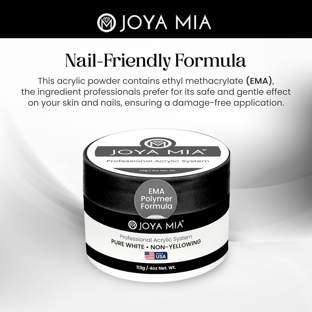 Joya Mia Acrylic Powder for Nails, MMA-Free, Super Adhesion Professional Powder for Flawless & Long-Lasting Nail Enhancements, Easy Application, Vibrant & Stunning Colors - Pure White, 4 oz