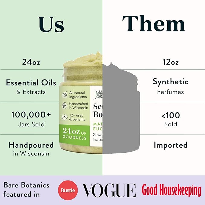 Bare Botanics Matcha Eucalyptus Body Scrub 24 oz - Naturally Scented Sea Salt Scrub Made in Madison, WI - Formulated w/Skin Loving Moisturizers - Vegan, Cruelty Free Exfoliator w/a Cute Wooden Spoon