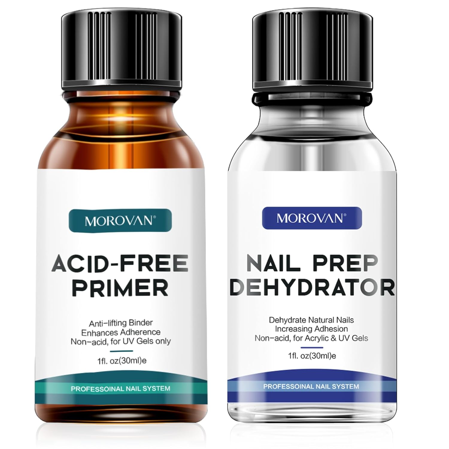 Morovan Nail Primer And Natural Nail Prep Dehydrate Set, Nail Dehydrator and Primer, Fast Air Dry For Gel Polish & Acrylic Powder, Gel Nail Primer and Dehydrator 30ml / 1oz
