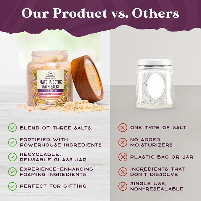 Purple Canyon SolSalts Matcha Detox Bath Salts with Clay Crumbles | Lemon Basil Scented Soak with Green Tea & Grape Seed Oil